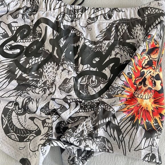 Ed Hardy Shorts Men's XXL 2XL Gray‎ Fire Skull Mesh Shorts Spell Out Tattoo NWT - Picture 1 of 10